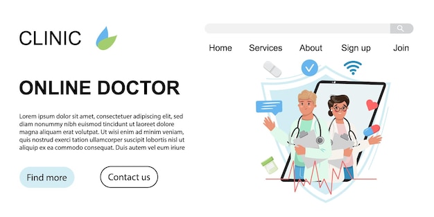 Template for landing page. Modern illustration with doctors woman and man in the phone.