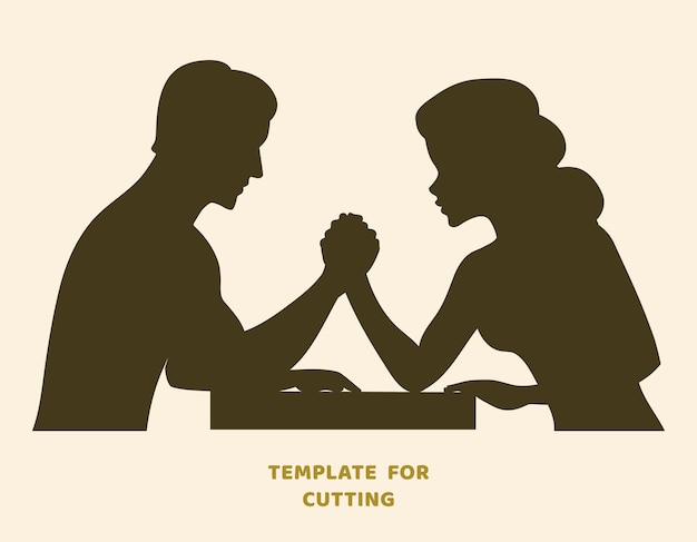 Template for laser cutting, wood carving, paper cut. Silhouettes for cutting. Arm wrestling challenge between a young couple vector stencil.