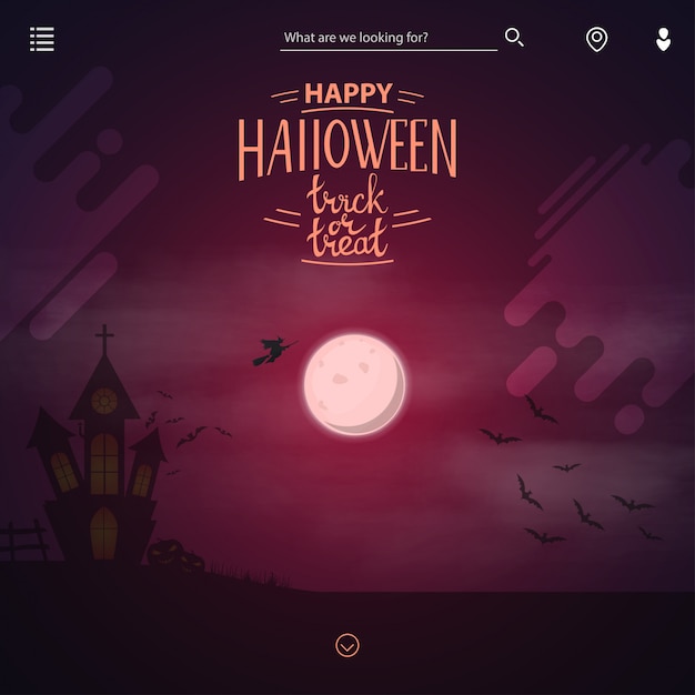 Il modello della pagina principale del sito web con decorazioni di halloween. sfondo per il sito, paesaggio con una luna rossa