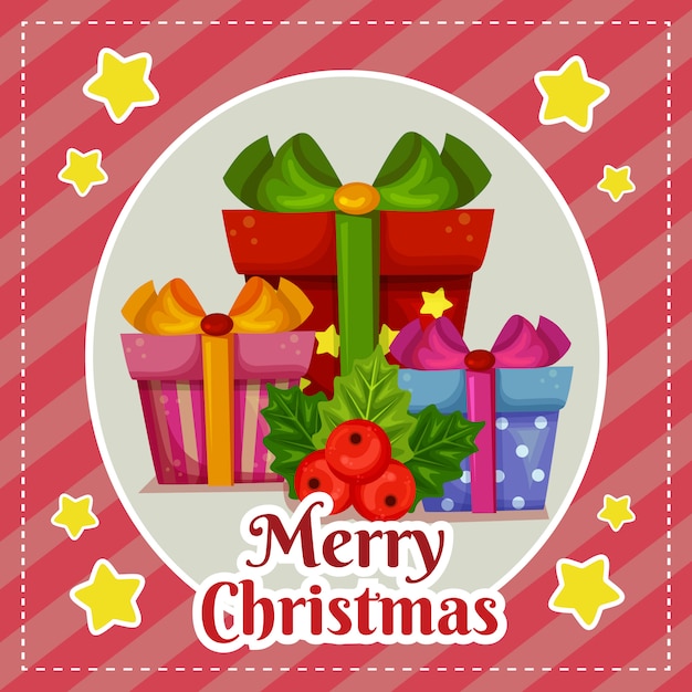 Vettore modello merry christmas card con scatola regalo cartone animato