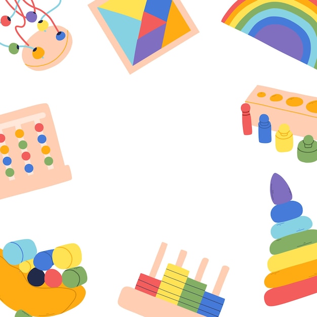 Template met Montessori-speelgoed met plaats voor tekst Vector-illustratie Platte stijl Template met tekstvenster en speelgoed voor kinderen