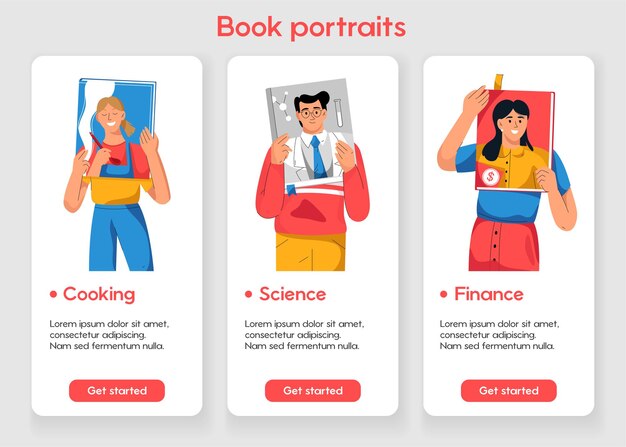 Template for mobile app page with book portrait concept