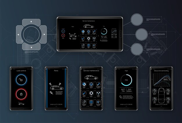 ベクトル 車の管理と診断のためのテンプレートモバイルアプリケーション、診断のためのサービスアプリケーション、背景は図面のスタイルで作られています。画像。