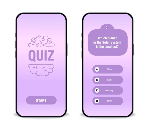 The template of the mobile application interface for the quiz on a purple background test questions