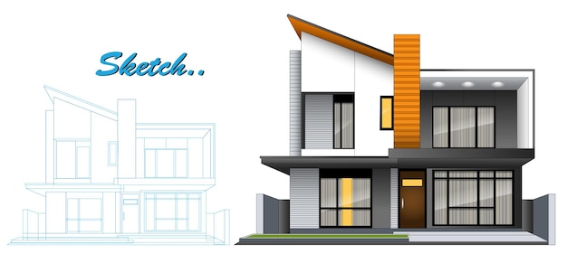 template of modern minimalist house design with blueprint sketch