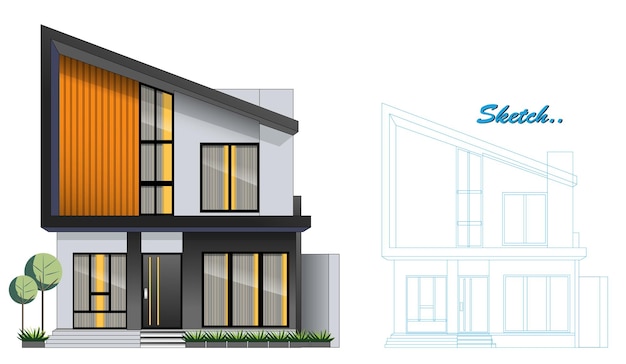 template of modern minimalist house design with blueprint sketch