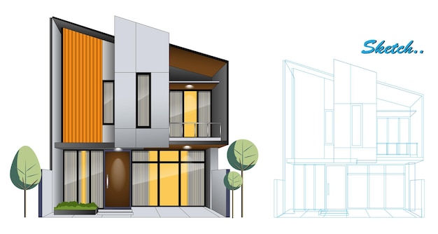 template of modern minimalist house design with blueprint sketch