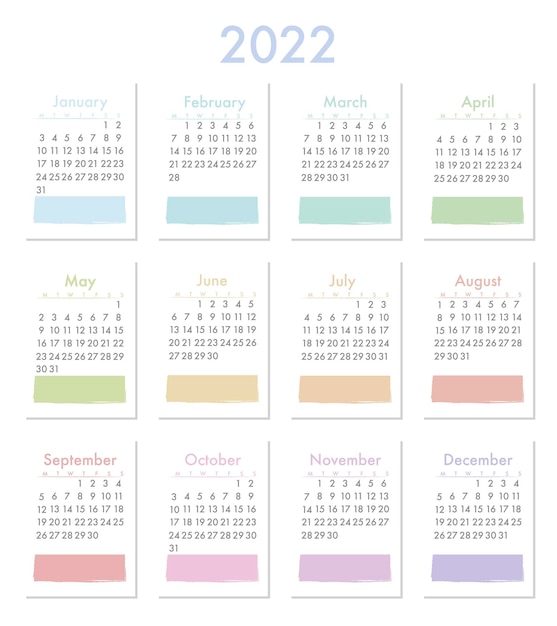 Vector the template of the monthly calendar for 2022 the week starts on monday