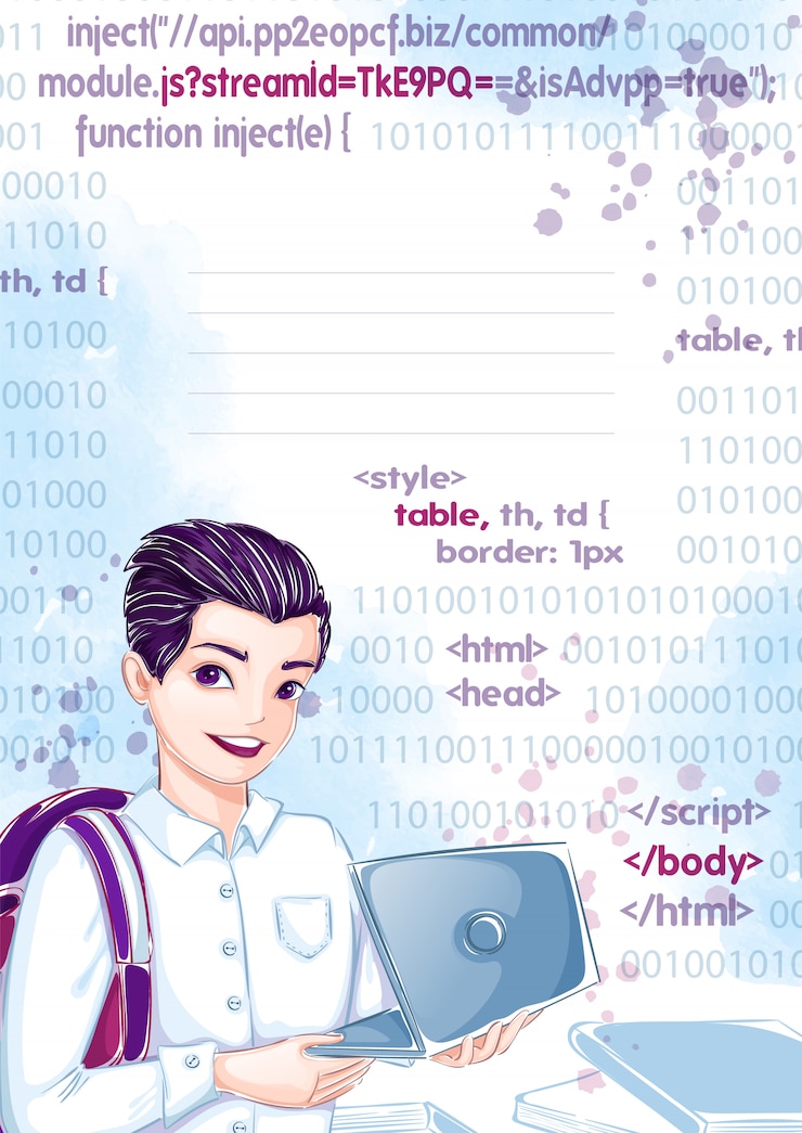 Vector template for notebook or notepad. young student man with a laptop