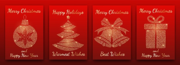 Template of red shiny Christmas and New Year greeting cards Xmas elements gold glitter decorations