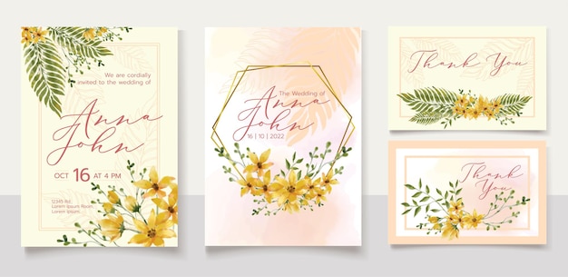 結婚式の招待カードのデザインセットのテンプレート手描き水彩花花束