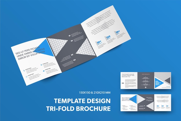 Vector template of open vector trifold with blue and gray triangles and place for photo presentation