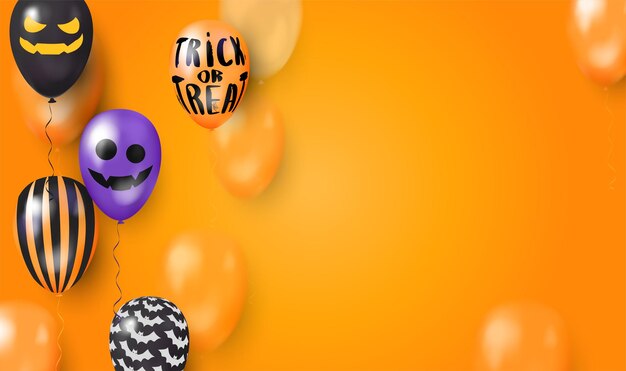 Vettore banner modello arancione con palloncini 3d con facce happy halloween