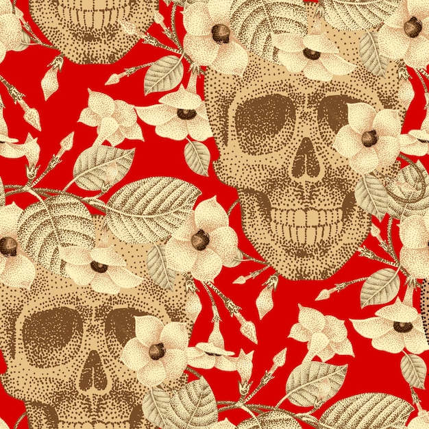 Template pattern of human skulls and flowers seamless