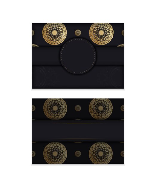 Template Postcard in black color with a mandala gold ornament prepared for printing.