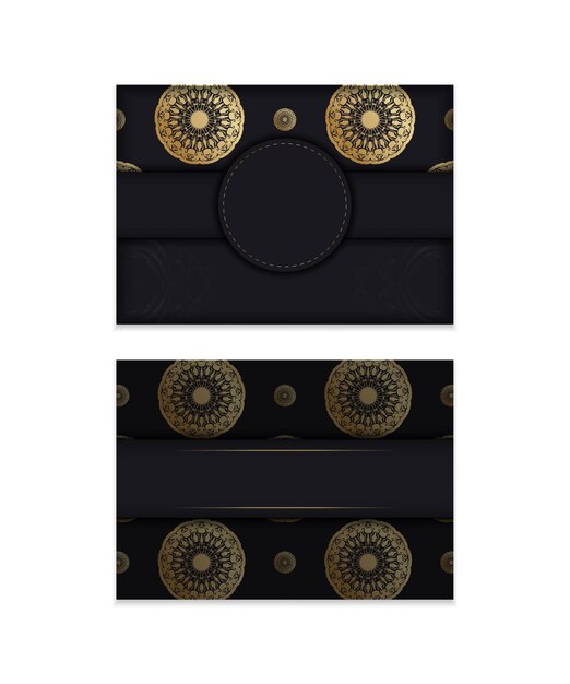 印刷用に準備された曼荼羅の金の飾りが付いた黒い色のテンプレートはがき。