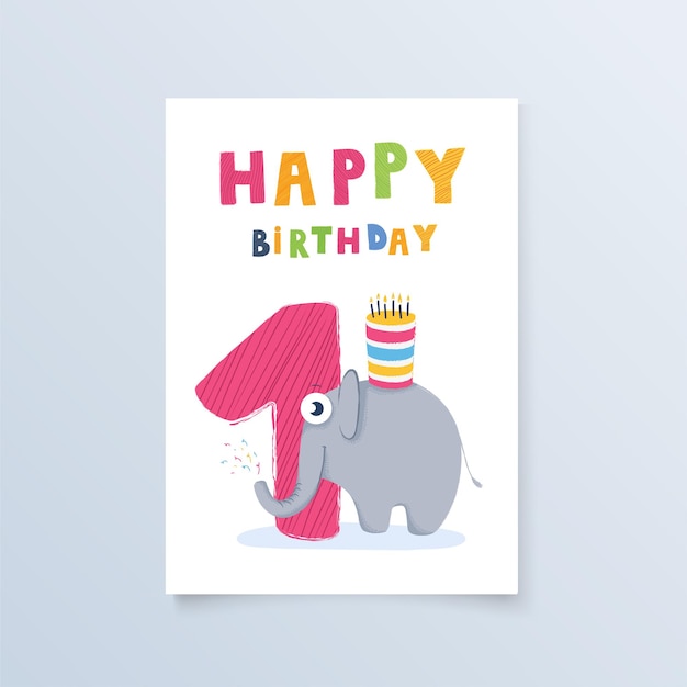 Modello cartolina un anno con compleanno biglietto di auguri elefante