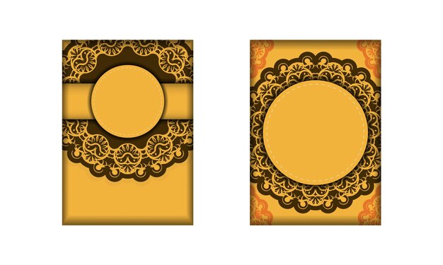 인쇄할 준비가 된 빈티지 갈색 패턴이 있는 노란색의 템플릿 엽서.