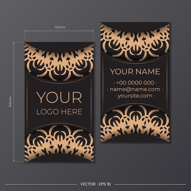 Template for print design of business cards Black color with Greek patterns. Vector Business card preparation with vintage ornament.