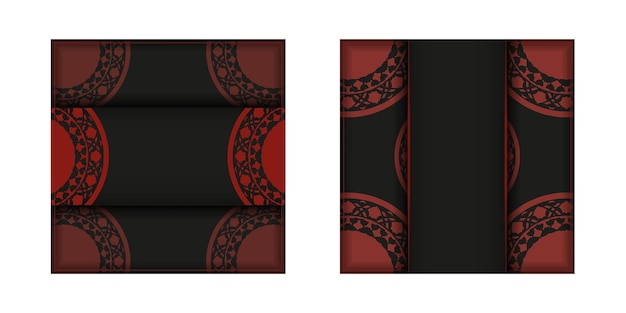 豪華なパターンで黒赤色のプリントデザインポストカードのテンプレート。