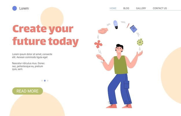 Template for psychology website with text create your future today and flat illustration of male cha