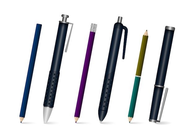 Vector template of realistic multi colored plastic pens in different angles