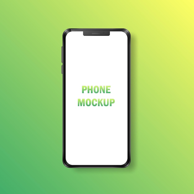 Template of realistic phone with black frame and white empty screen on green background. 3d Device