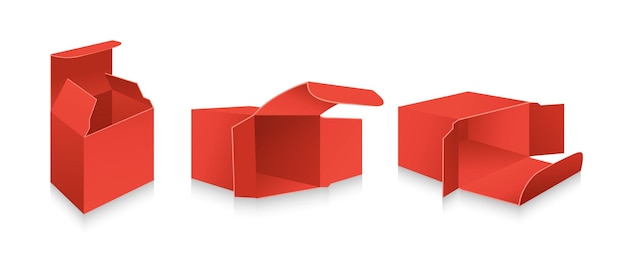 Insieme 3d della scatola rossa del modello. collezione di scatole regalo di imballaggio realistico in bianco. pacchetto di carta aperto cartone cartone.