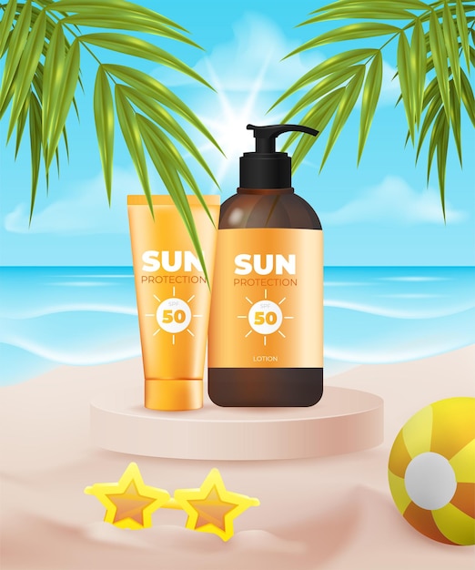 template for sale display with orange ball and sunglasses on the sand uv protection for summer