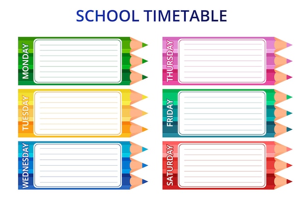 Template school timetable for students or pupils with days of week and free spaces for notes. vector illustration.