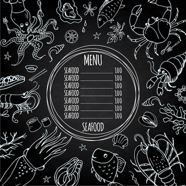 Шаблон меню морепродуктов отлично подходит для веб-сайтов меню ресторанов. Вектор фона доски.
