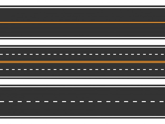 Vector template set of straight asphalt roads. seamless road background.