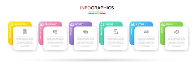 Modello per lo shopping infografiche. sei opzioni o passaggi con icone e testo.