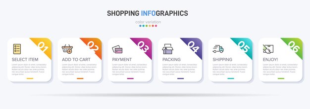 Modello per infografica dello shopping sei opzioni o passaggi con icone e testo