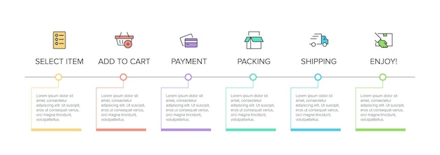 Modello per infografica dello shopping sei opzioni o passaggi con icone e testo