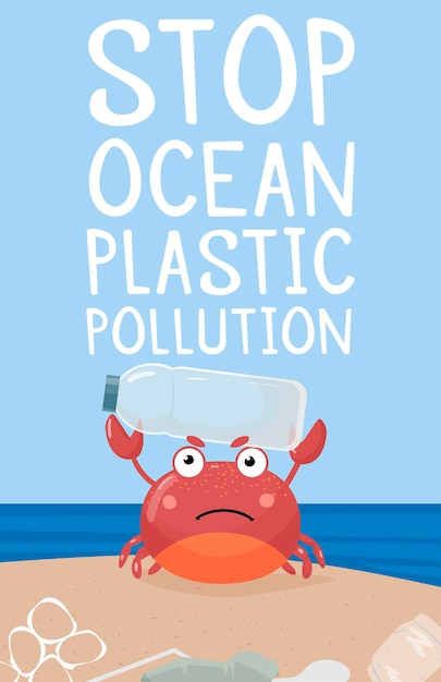 템플릿 중지 바다 플라스틱 오염 기호 게와 플라스틱 병