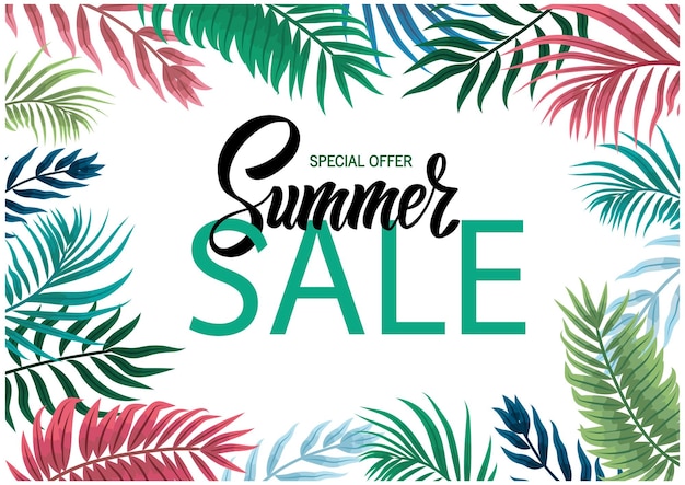 Vector template for summer sale. tropical leaves, toucan. lettering