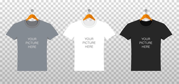 Template of t-shirts with place for your design in a flat style. clothing in the front side isolated on transparent background. male and female template of white, black, grey shirt.