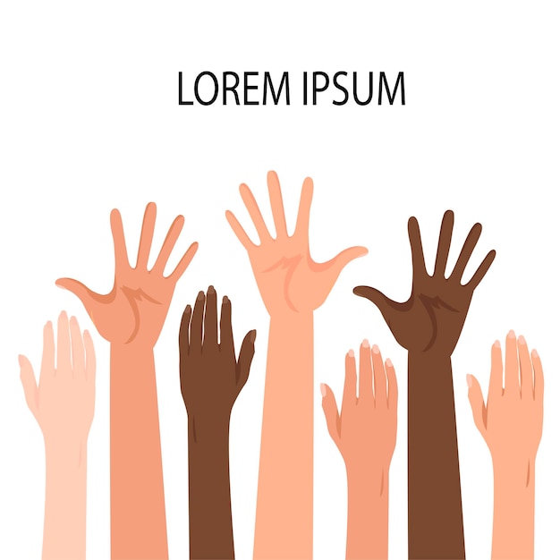 Template for text with raised hands of people of different nationalities. cartoon style. vector illustration.