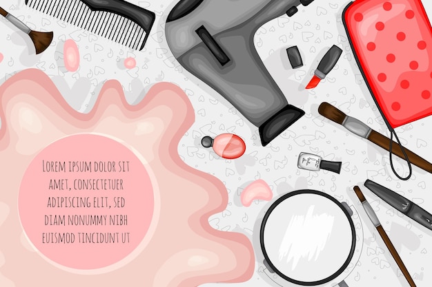 Vector template for text with a set of beauty items cartoon style vector illustration