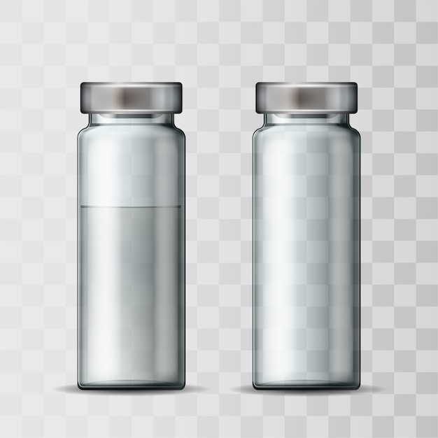 Vector template of transparent glass medical vial with aluminium cap. empty glass ampule and ampule with vaccine or drug for medical treatment. realistic 3d mockups of bottles with medicament for injection.