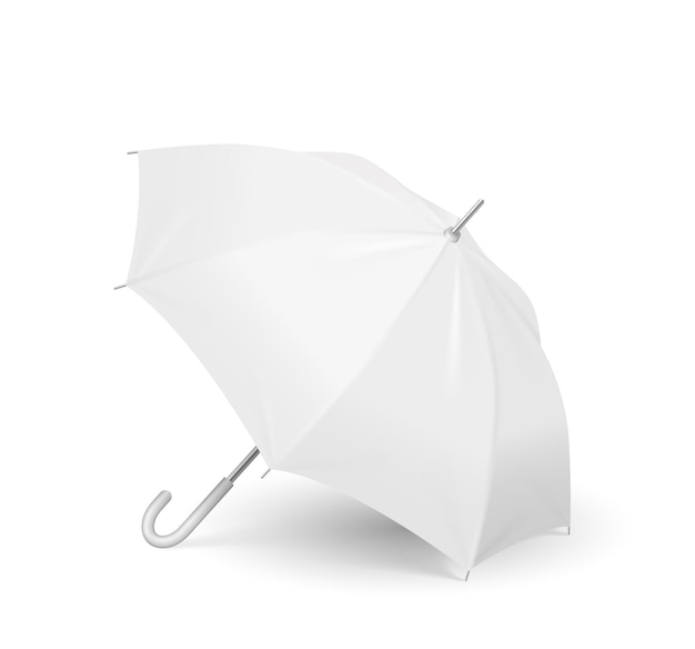 Template umbrella, side angle view. Open white parasol with shadow isolated on white background. Design mockup object for brand print or identity business. Vector illustration