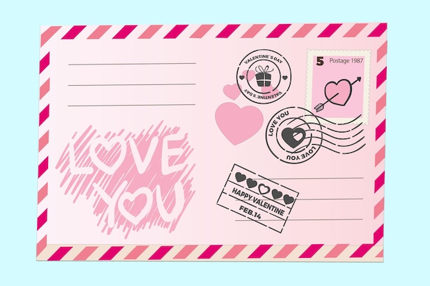 Template of an Valentine envelope with heart Retro style Valentine card with rubber seal stamp