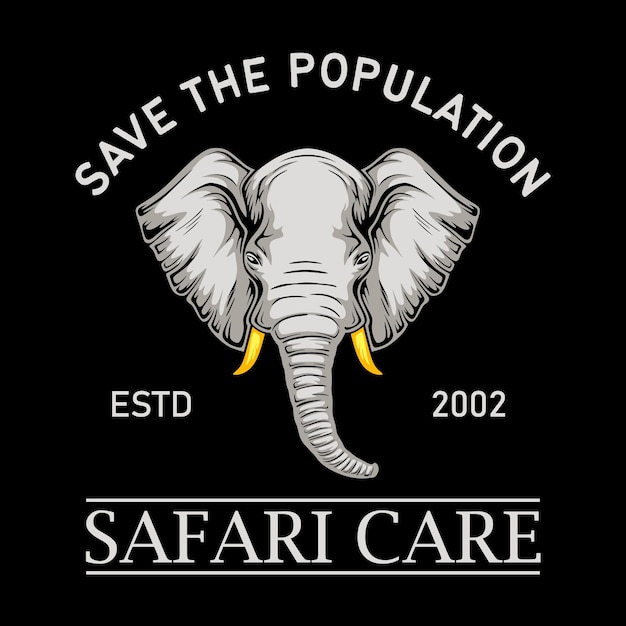 Vettore modello illustrazione vettoriale dell'elefante nel logotipo con testo isolato su sfondo nero.