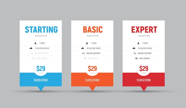 Template of vector price tables for arrows.