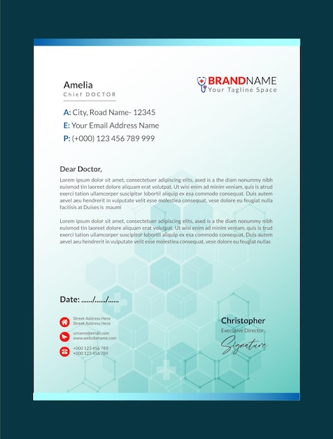 Template voor medische briefpapier met informatie over Amelia en de arts