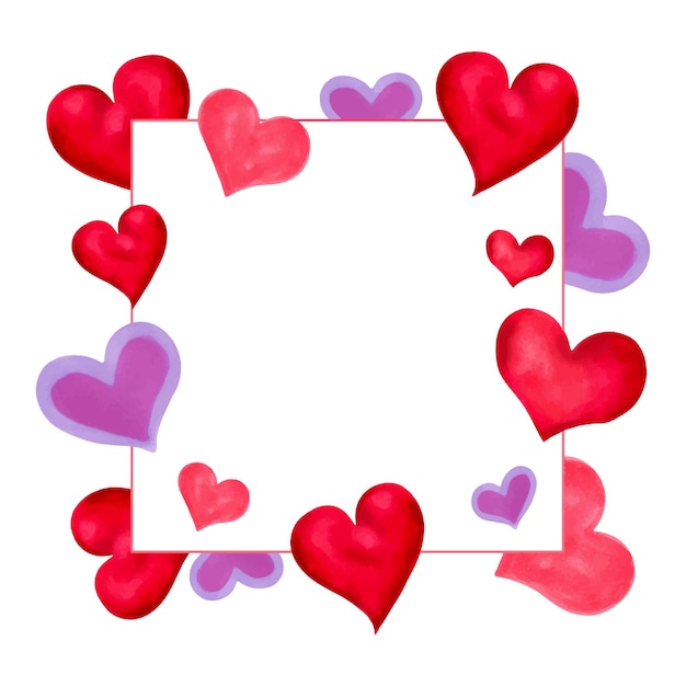Template voor Valentijnsdag Vierkante frame van verschillende roze lila harten Board voor het ontwerp van Moedersdag vrienden vriendinnen singles dag Hand getekend geïsoleerde aquarel illustratie