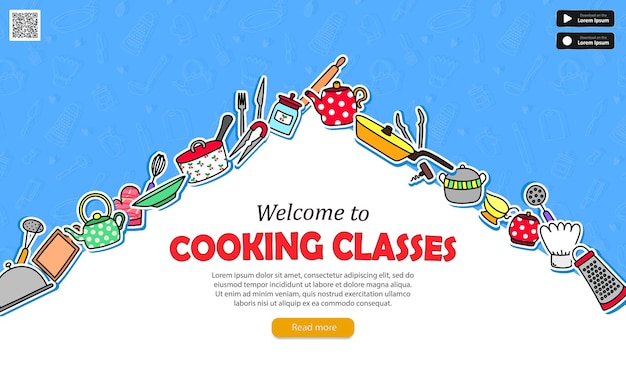 Template of web banner with blue seamless pattern cartoon kitchenware qr code Culinary courses