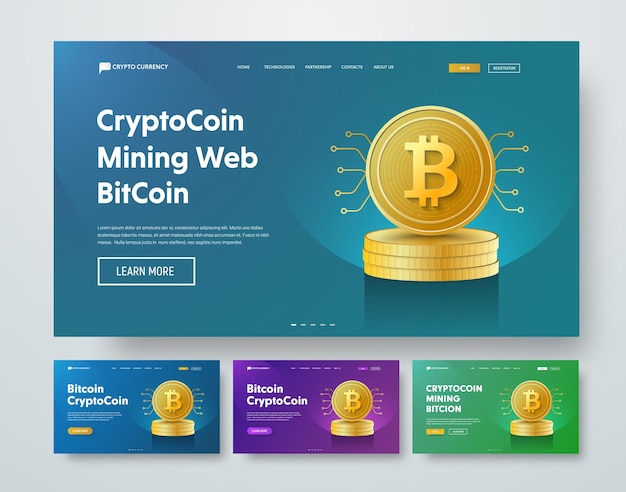 Template web header with gold stacks of bitcoin coins and elements of microcircuits.