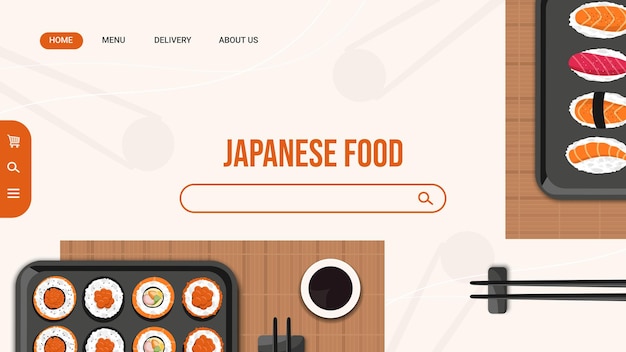 Template web page of Japanese cuisine restaurant Asian food rolls and sushi with chopsticks Vector